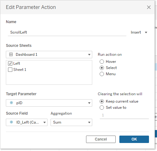 Parameter action setup